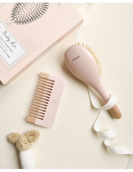 Kit de bebé rosa cepillo 100% jabalí (tamaño pequeño) + peine de madera Bachca